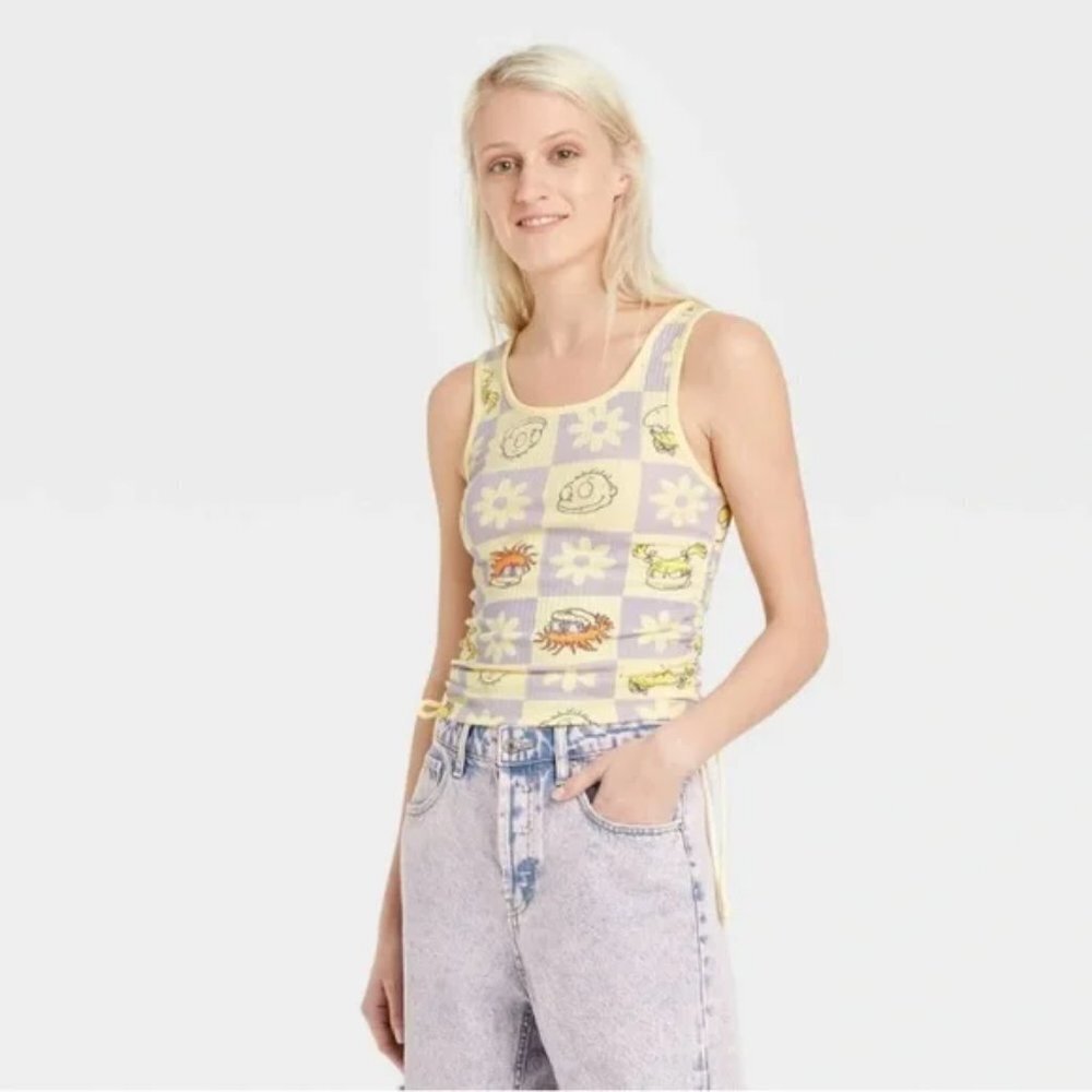 Nickelodeon Rugrats Womens Tank Top Graphic Checkered Cartoon Yellow